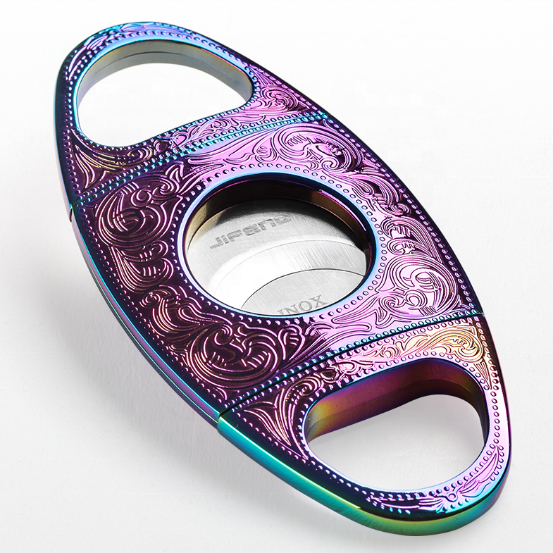 JIFENG J06 Wholesale blue purple gold zinc alloy metal base stainless steel blades rainbow travel cigar cutter