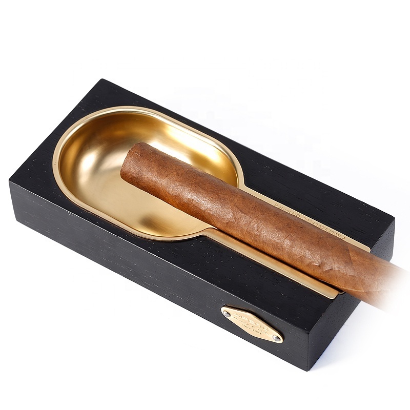 JF-072 JIFENG copper metal and merbau wood small custom black gold cigar ashtray for personal single slot