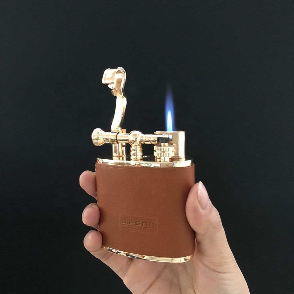 JIFENG JF-112 Customized Cow Leather Surface Flint Refill Gas Cigarette Flame and Cigar Torch Lighter for Smoking Enthusiasts