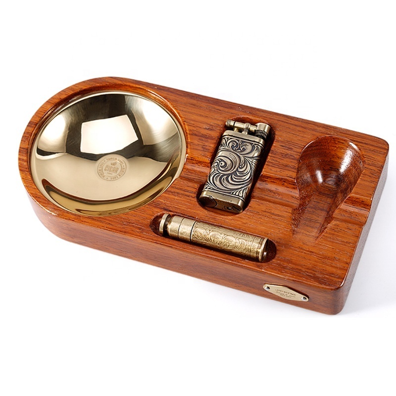 JIFENG TZ-9 24*12*3.5cm 600g OEM popular Merbau wood cigar ash tray holder and lighter, pipe tamper smoking cleaning tool set