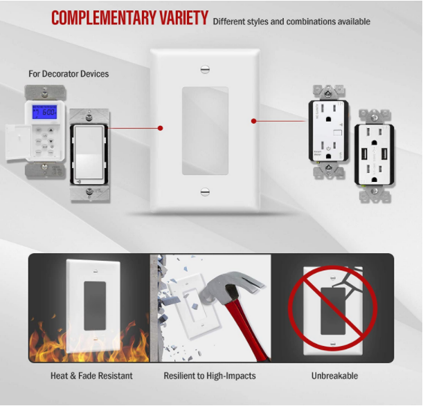 Decorator Light Switch or Receptacle Outlet Wall Plate, Mid-Size 2-Gang 4.88