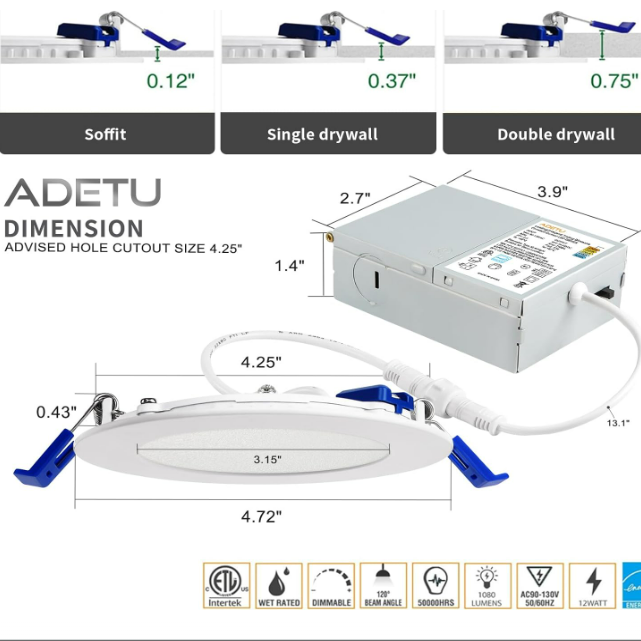 Recessed Lighting 6 Inch, 5CCT Ultra-Thin Recessed Light Fixtures with Junction Box LED Ceiling Light - ETL