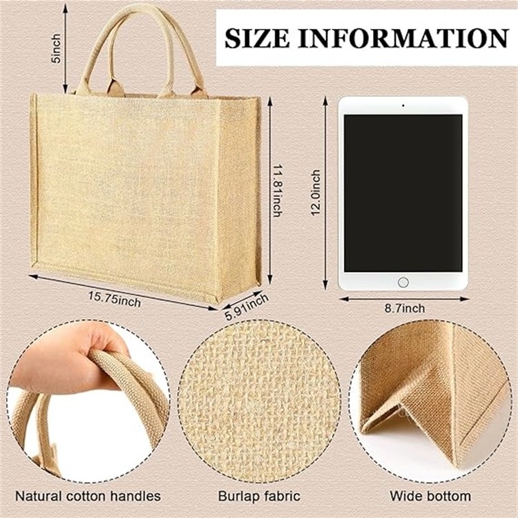 High Quality Wholesale Custom Large Eco-Friendly Cotton Linen Handbags Hessian Hemp Jute Grocery Shopping Tote Bags