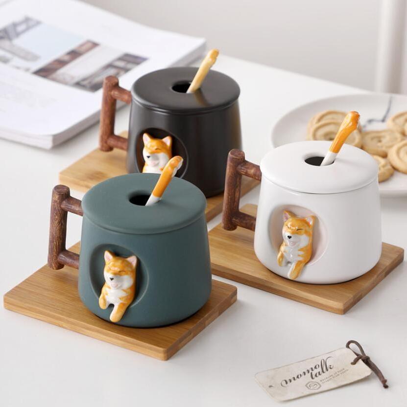 ceramic coffee water milk cup funny 3d dog cartoon mugs with lid spoon