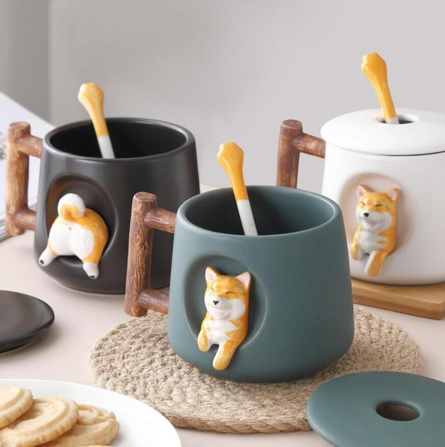 ceramic coffee water milk cup funny 3d dog cartoon mugs with lid spoon