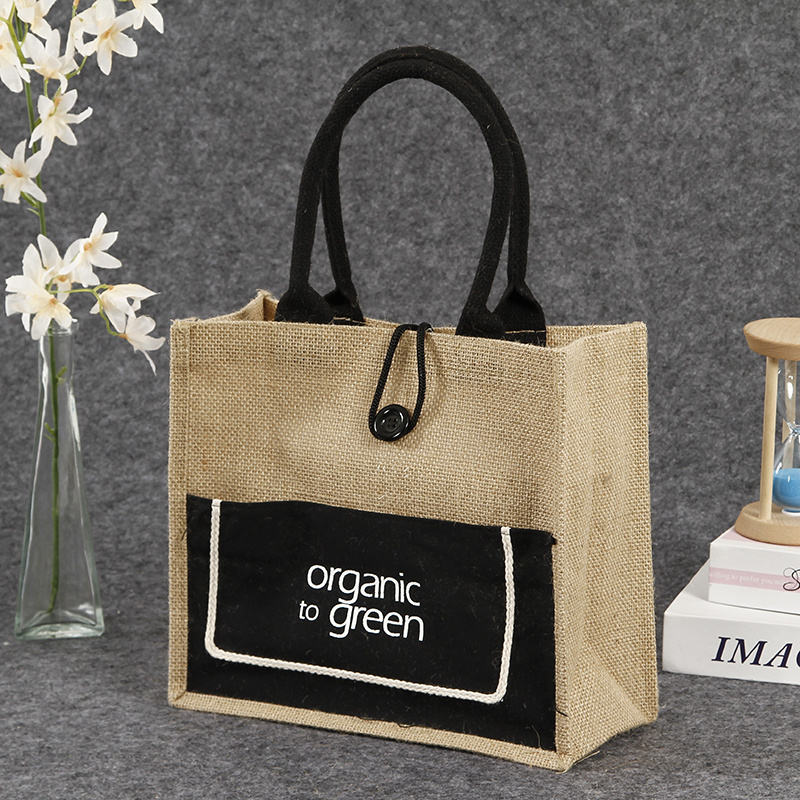 Promotional custom make printed logo Eco recycle bag shopping bags Eco Friendly burlap jute tote bags with pocket button