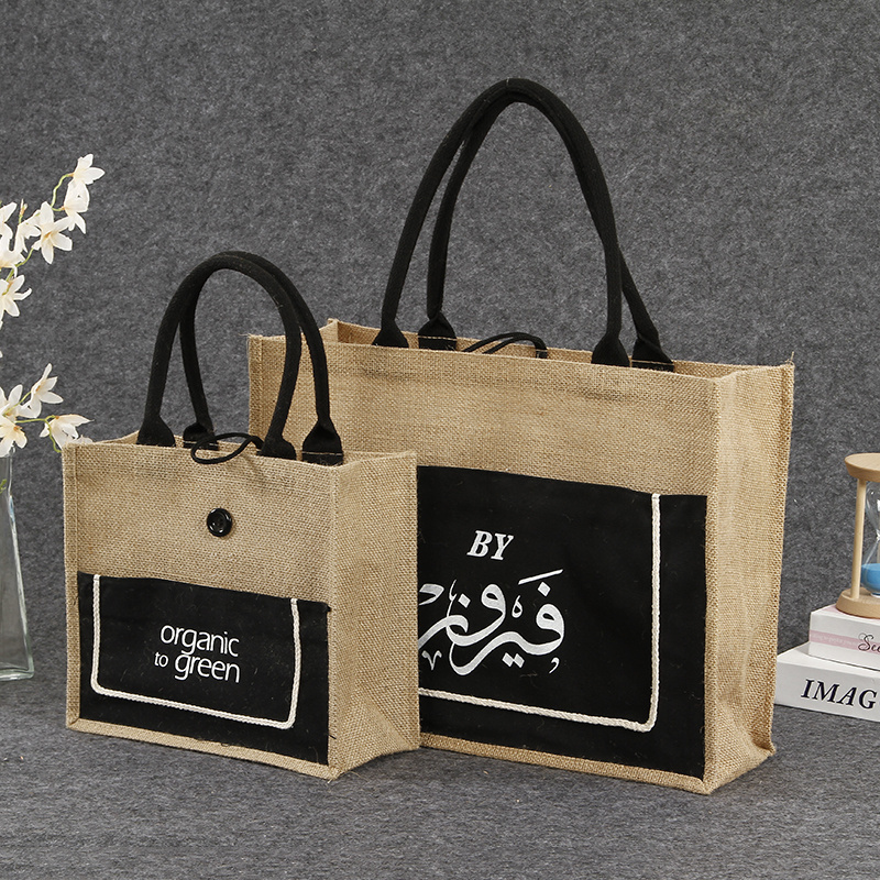 Promotional custom make printed logo Eco recycle bag shopping bags Eco Friendly burlap jute tote bags with pocket button