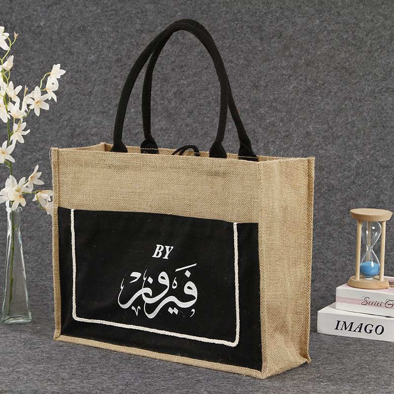 Promotional custom make printed logo Eco recycle bag shopping bags Eco Friendly burlap jute tote bags with pocket button