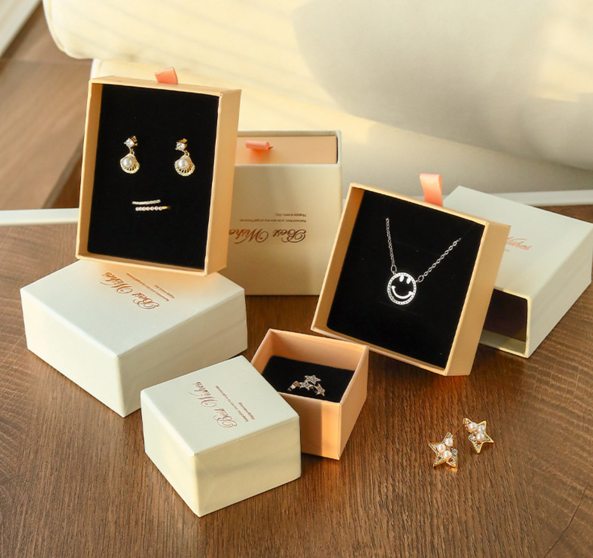 Custom Logo Printed Luxury Jewellery Packaging Gift Boxes Jewelry White Pink Drawer Paper Box Sliding Jewelry Box Packaging