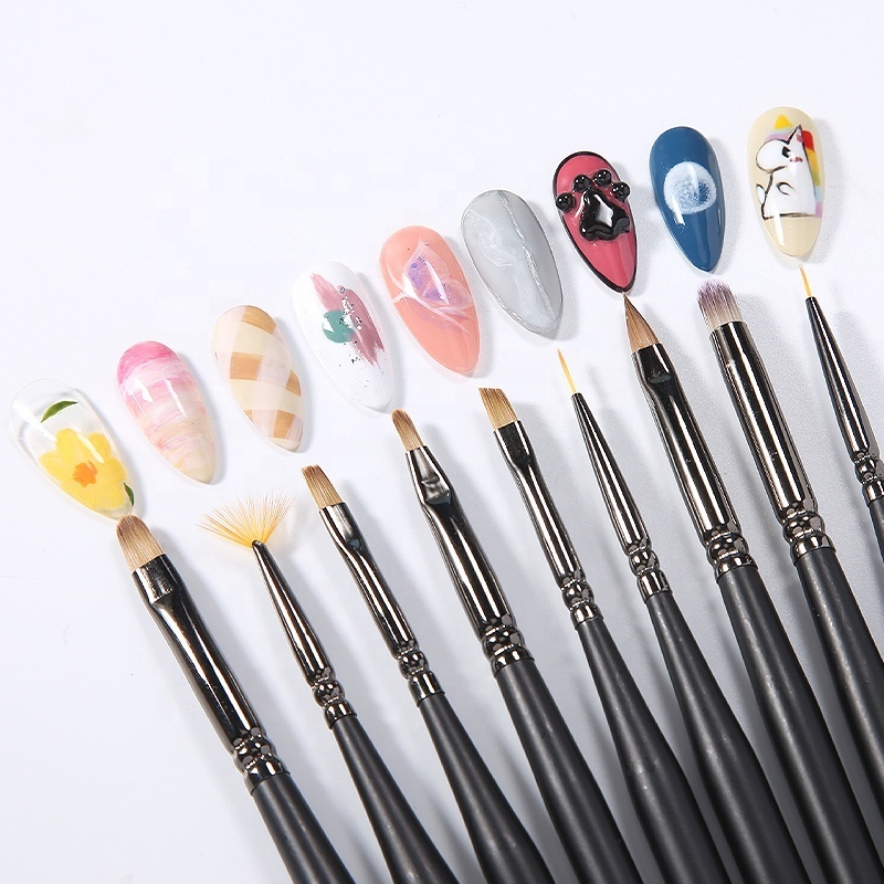 16pcs Nail Art Brush Design Pen Tools Matte Black Wood Handle Extension Gel Brush UV Gel Nail Brush