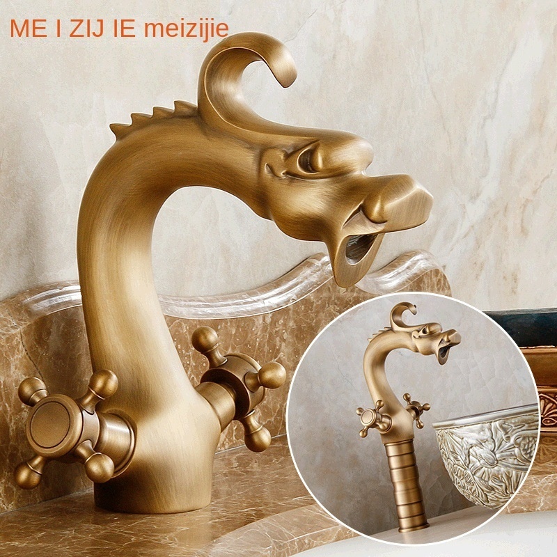 Retro basin faucet double handle European style hot and cold table drop-in sink heightened dragon-shaped artistic Basin