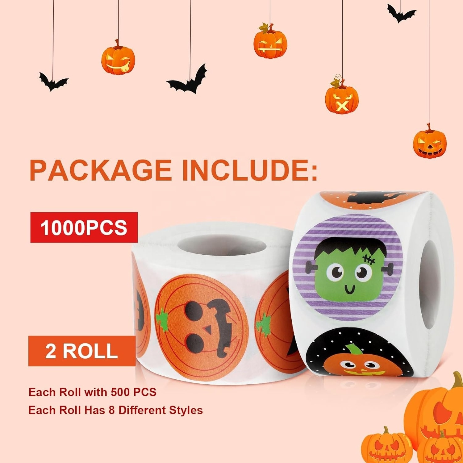 Halloween Stickers for kids, Round Self Adhesive Sticker Roll Labels with Pumpkin, Bat, and Spider