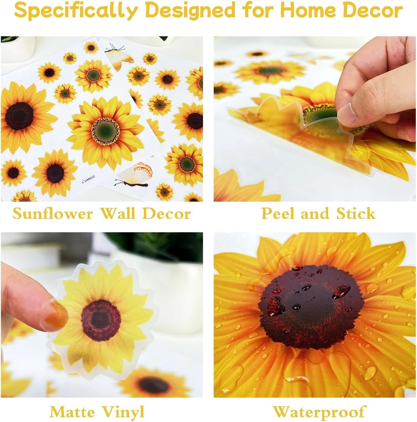 Sunflower Peel and Stick Wall Decals Self-Adhesive Vinyl Sunflower and Butterfly Wall Stickers