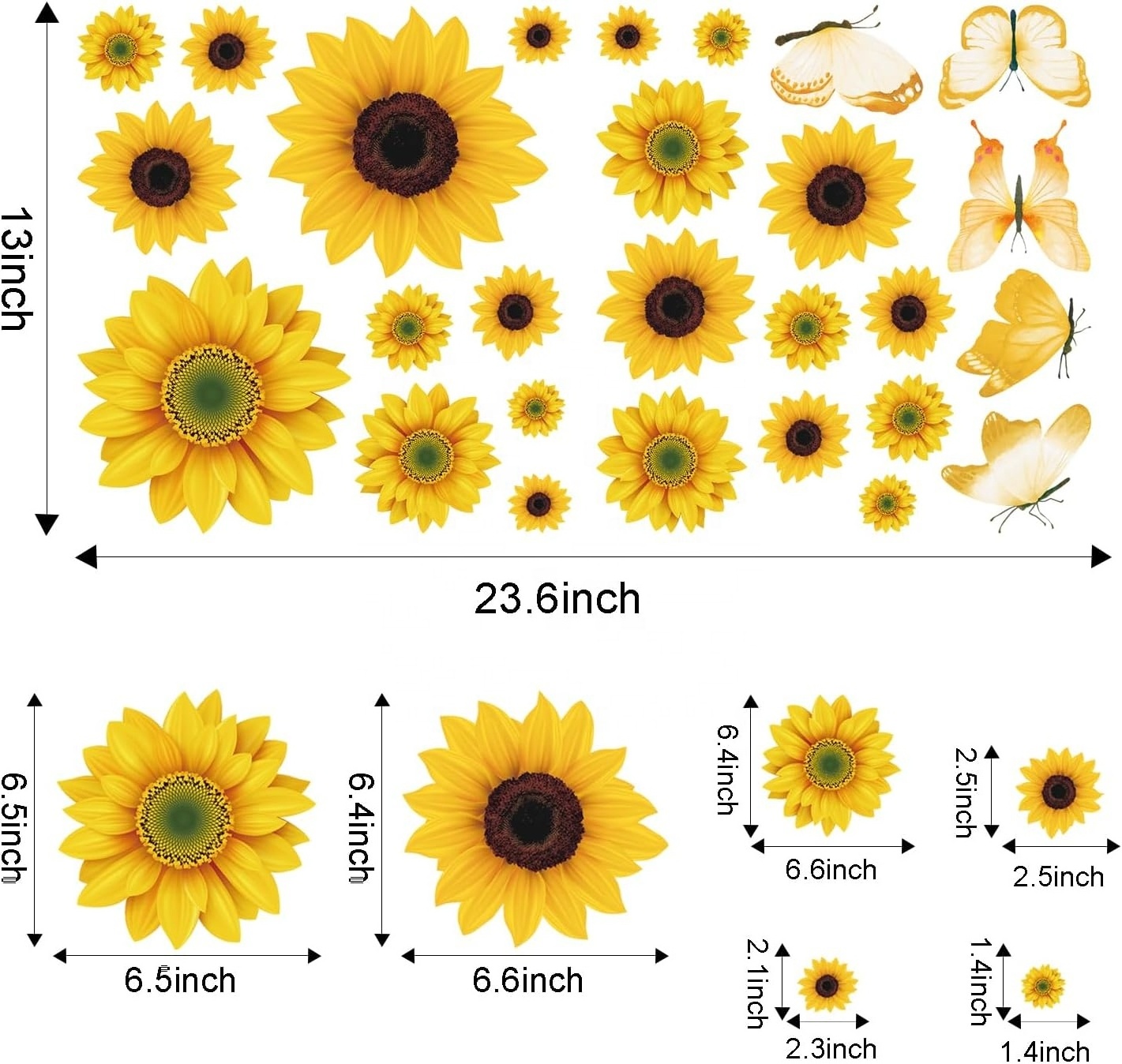 Sunflower Peel and Stick Wall Decals Self-Adhesive Vinyl Sunflower and Butterfly Wall Stickers