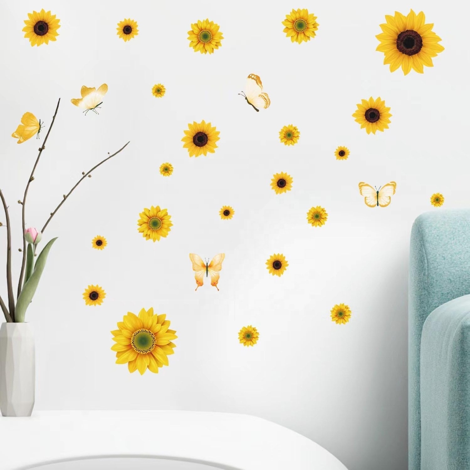 Sunflower Peel and Stick Wall Decals Self-Adhesive Vinyl Sunflower and Butterfly Wall Stickers