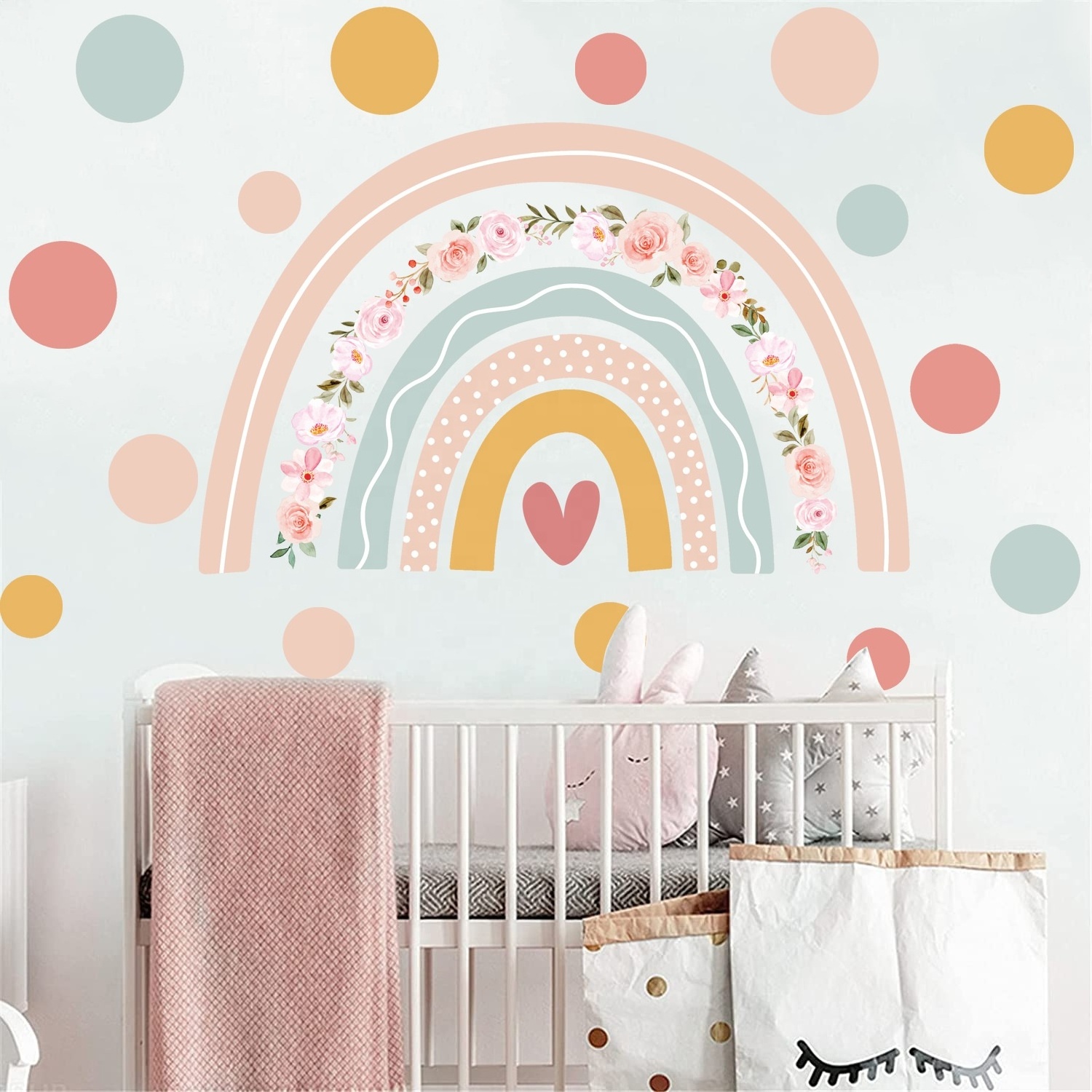 Bedroom decorative wall stickers rainbow polka dot kindergarten stickers pvc self-adhesive