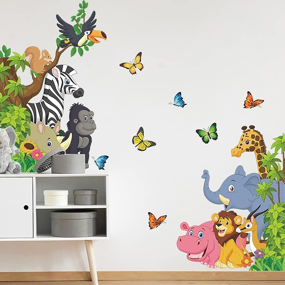 Cartoon Animal Wall Stickers Jungle Animal Wall Stickers Elephant Lion Zebra Butterfly Wall Decoration Children Baby DIY vinyl m