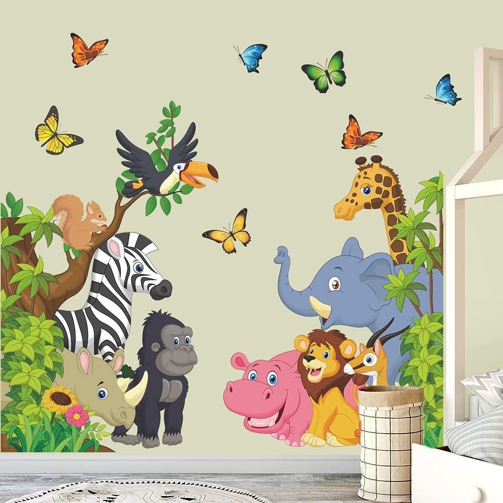 Cartoon Animal Wall Stickers Jungle Animal Wall Stickers Elephant Lion Zebra Butterfly Wall Decoration Children Baby DIY vinyl m