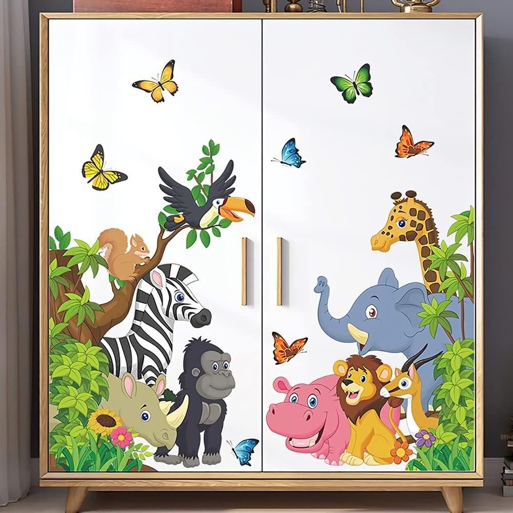 Cartoon Animal Wall Stickers Jungle Animal Wall Stickers Elephant Lion Zebra Butterfly Wall Decoration Children Baby DIY vinyl m