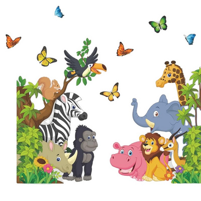 Cartoon Animal Wall Stickers Jungle Animal Wall Stickers Elephant Lion Zebra Butterfly Wall Decoration Children Baby DIY vinyl m