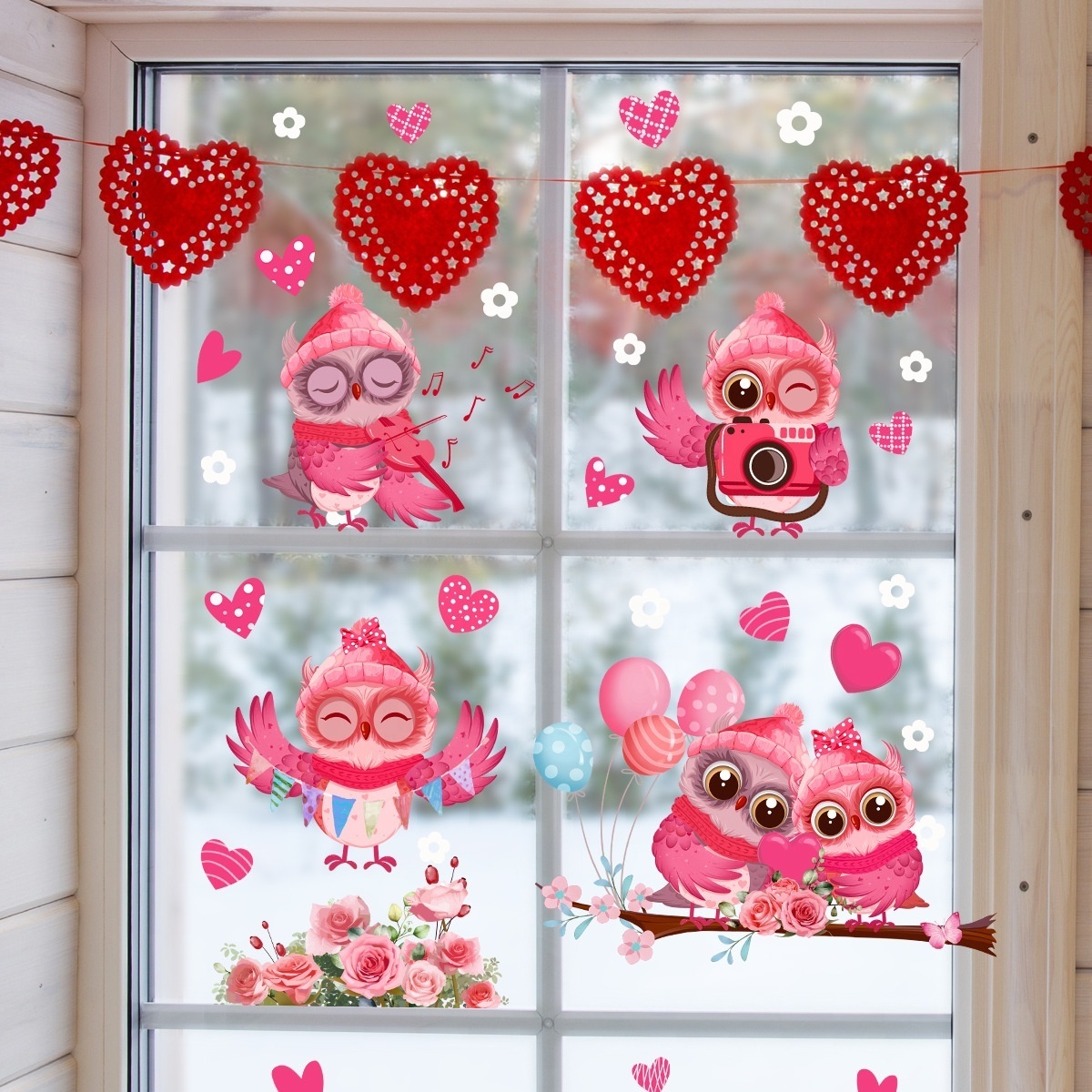 Valentine's Day romantic pink cartoon love owl window sticker electrostatic glass sticker home decoration sticker wallpaper