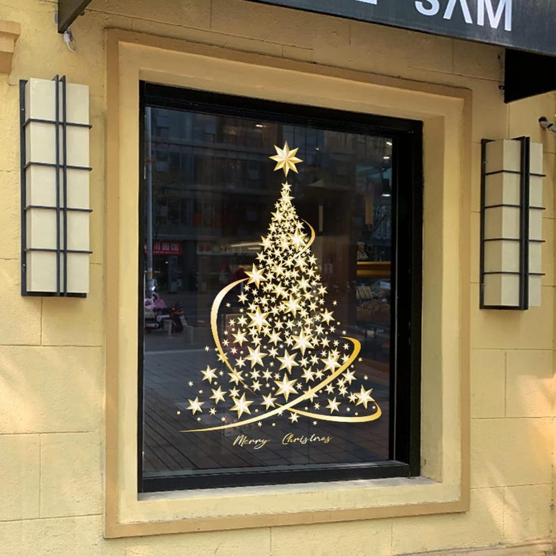 Christmas tree window adsorbed film glass stickers, large golden Christmas window electrostatic stickers,DIY wall window mural d