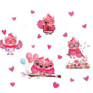 Valentine's Day romantic pink cartoon love owl window sticker electrostatic glass sticker home decoration sticker wallpaper