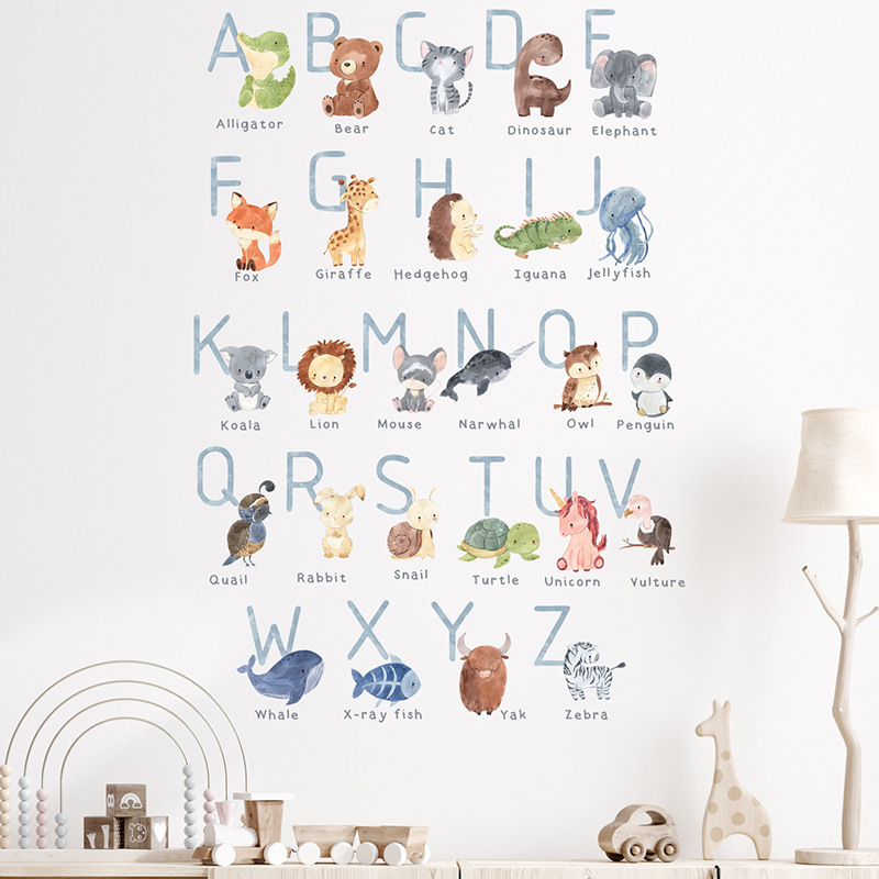 26 English letters with animals wall sticker decoration for kids self adhesive pvc decals for wall