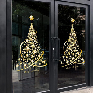 Christmas tree window adsorbed film glass stickers, large golden Christmas window electrostatic stickers,DIY wall window mural d