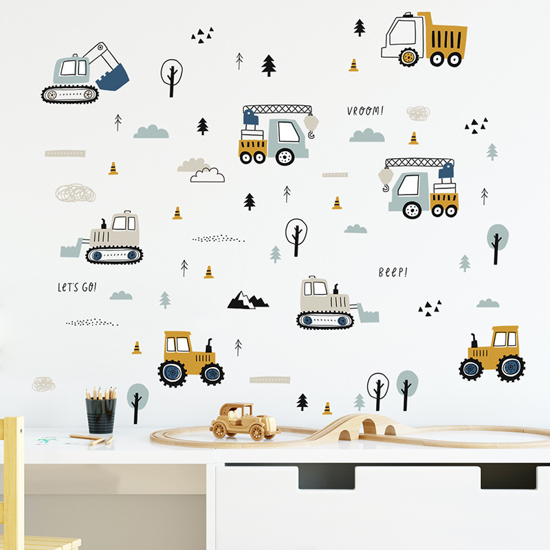 Cartoon engineering car crane excavator wall stickers self-adhesive decals bedroom living room wall decoration sticker for room