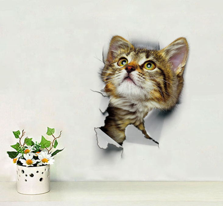 custom 3d cat broken wall decoration toilet bowl cover toilet sticker wall sticker