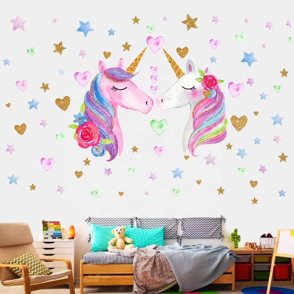 girls Room Unicorn Wall Stickers, Queen Size Unicorn Wall Stickers decorated girls Children's Bedroom for birthday parties