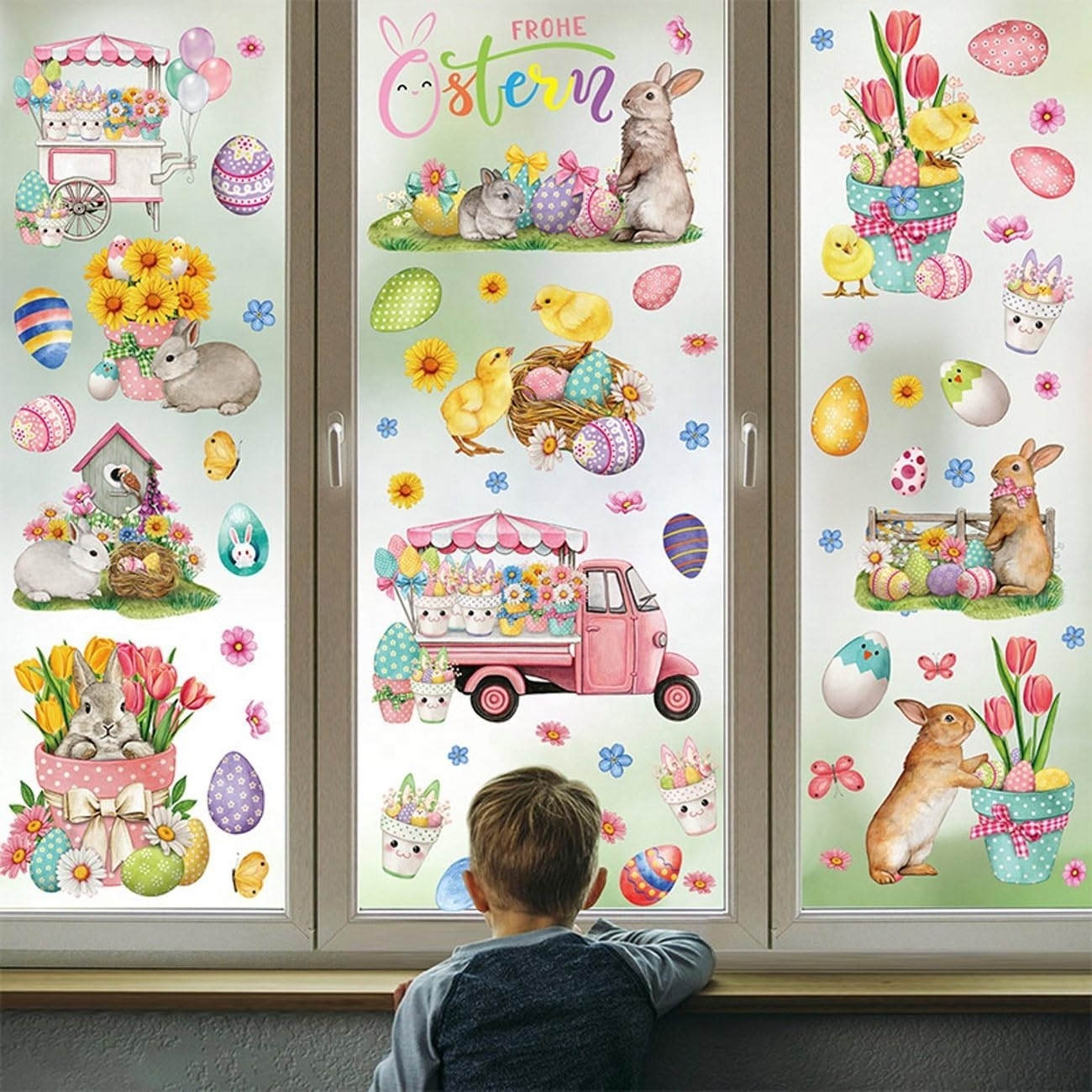 Easter Window Adsorption Film,9 reusable Easter Spring Window decals for children, Cute double-sided Easter Bunny Holiday Window