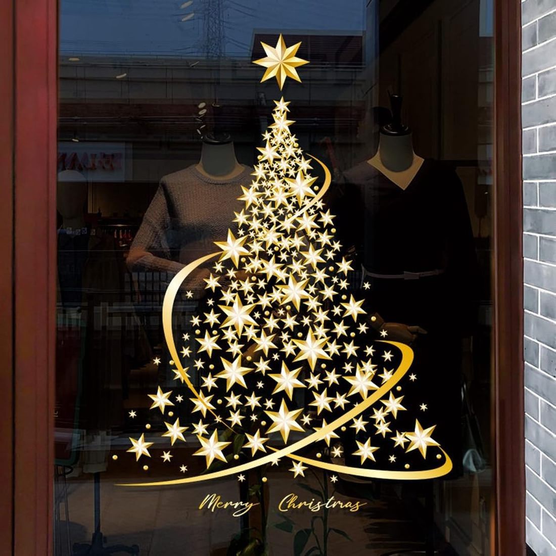 Christmas tree window adsorbed film glass stickers, large golden Christmas window electrostatic stickers,DIY wall window mural d