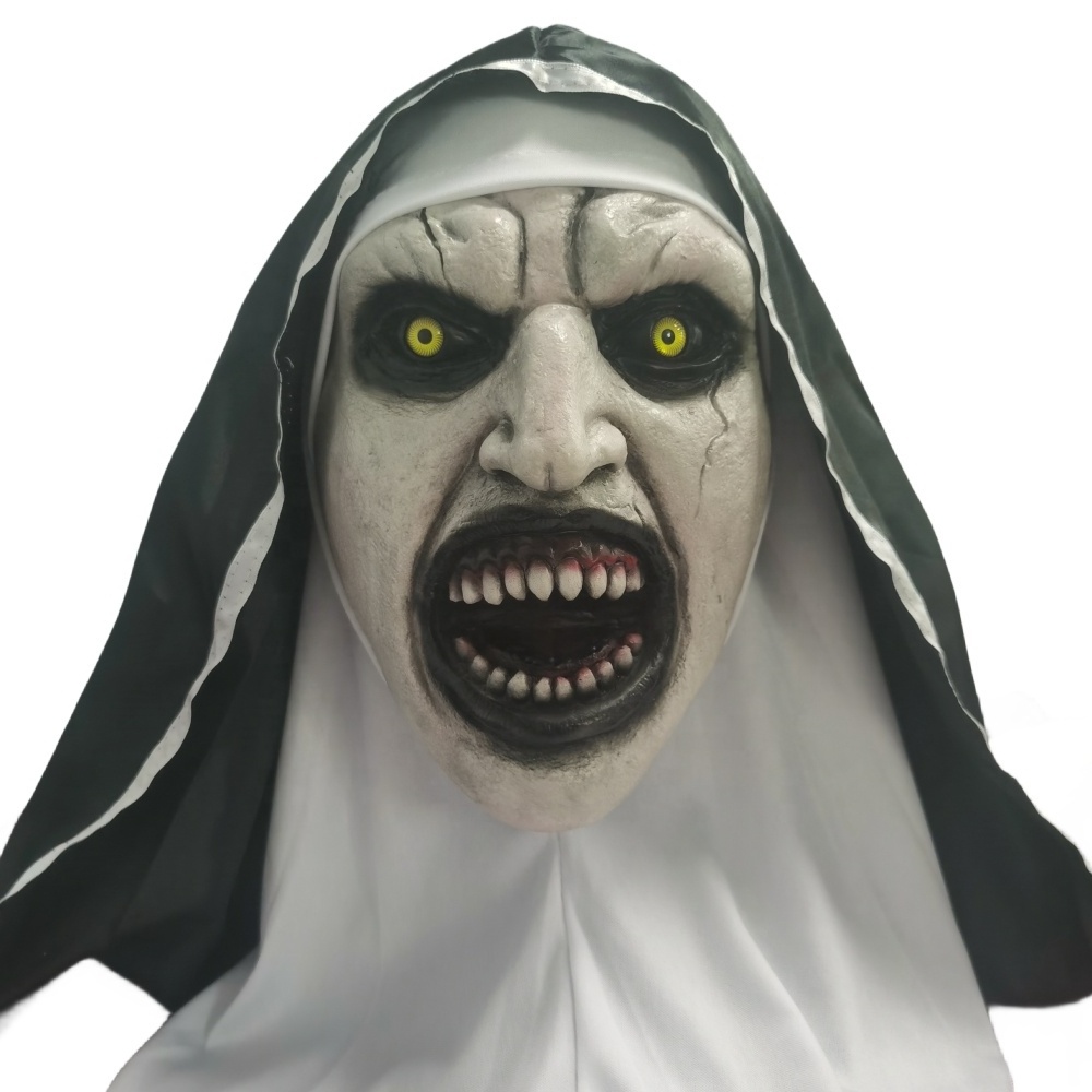 Halloween Scary Mask Nun Conjuring Costume Horror Latex Mask with Scarf Adult Woman Creepy Horror Costumes Halloween Party Props