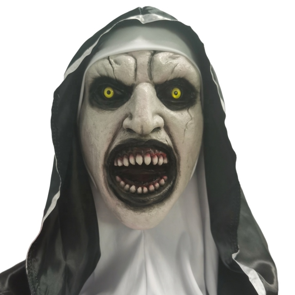 Halloween Scary Mask Nun Conjuring Costume Horror Latex Mask with Scarf Adult Woman Creepy Horror Costumes Halloween Party Props