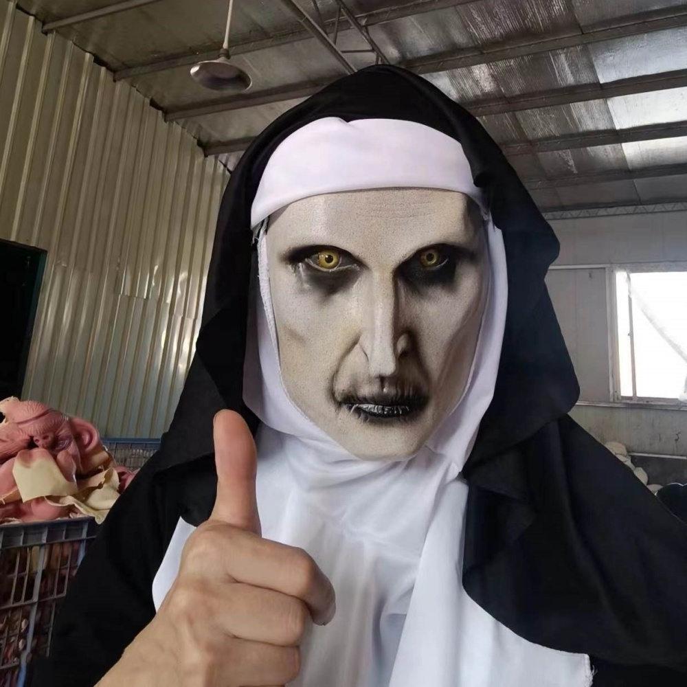 Halloween Scary Mask Nun Conjuring Costume Horror Latex Mask with Scarf Adult Woman Creepy Horror Costumes Halloween Party Props