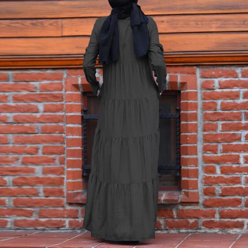 Muslim Arabian style plain color simple new dress fashion loose round neck zipper Islamic gown woman beads