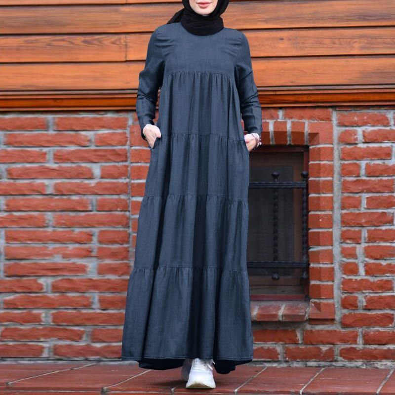 Muslim Arabian style plain color simple new dress fashion loose round neck zipper Islamic gown woman beads