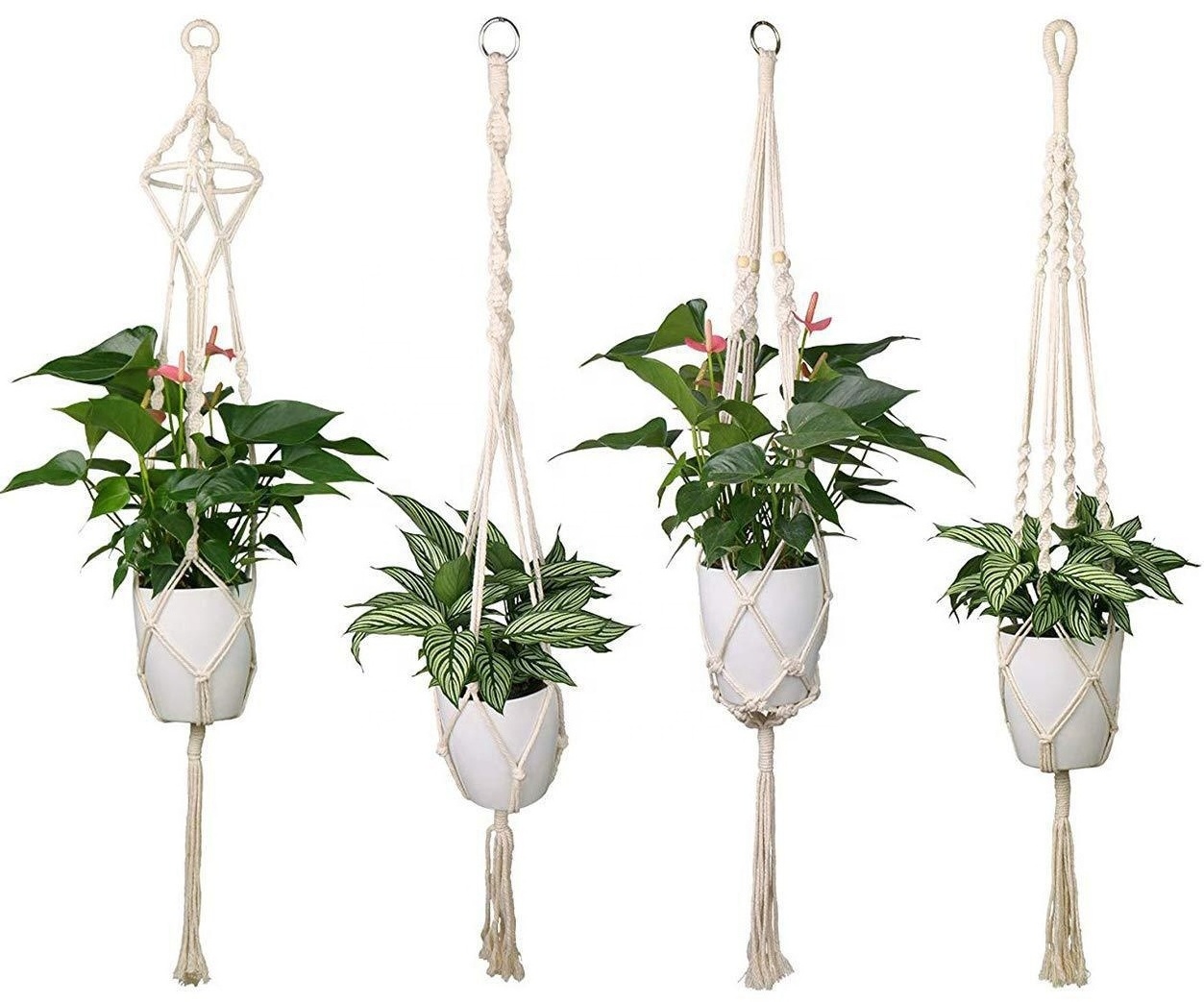 Macrame Indoor Hanging Planter Basket with Wood Beads Flowerpot Holder with Garden Style Decorative for Indoor Plants