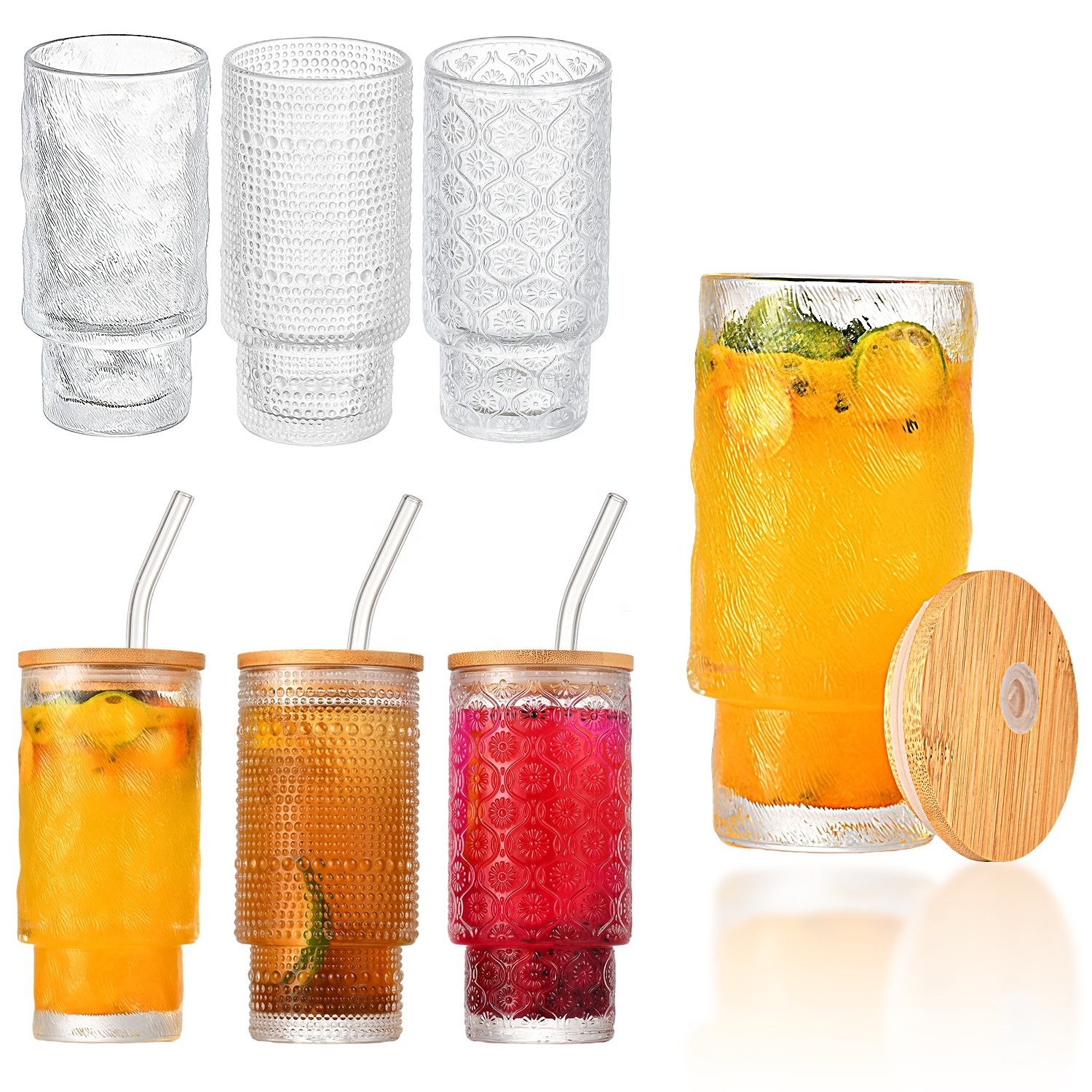 Wholesale Creative Unique Ribbed Glass Cups Set of 4 Vintage Ribbed Glassware 11oz Drinking Glasses Cocktail Glasses