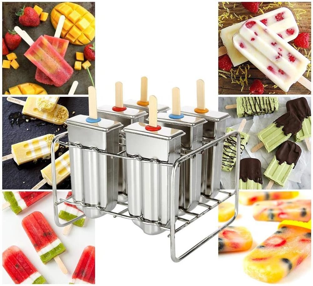 Set of 6 Stainless Steel Ice Cream Lolly Popsicle Molds Reusable Ice Cream Mould with Stick Holder Base DIY Ice Cream Makers