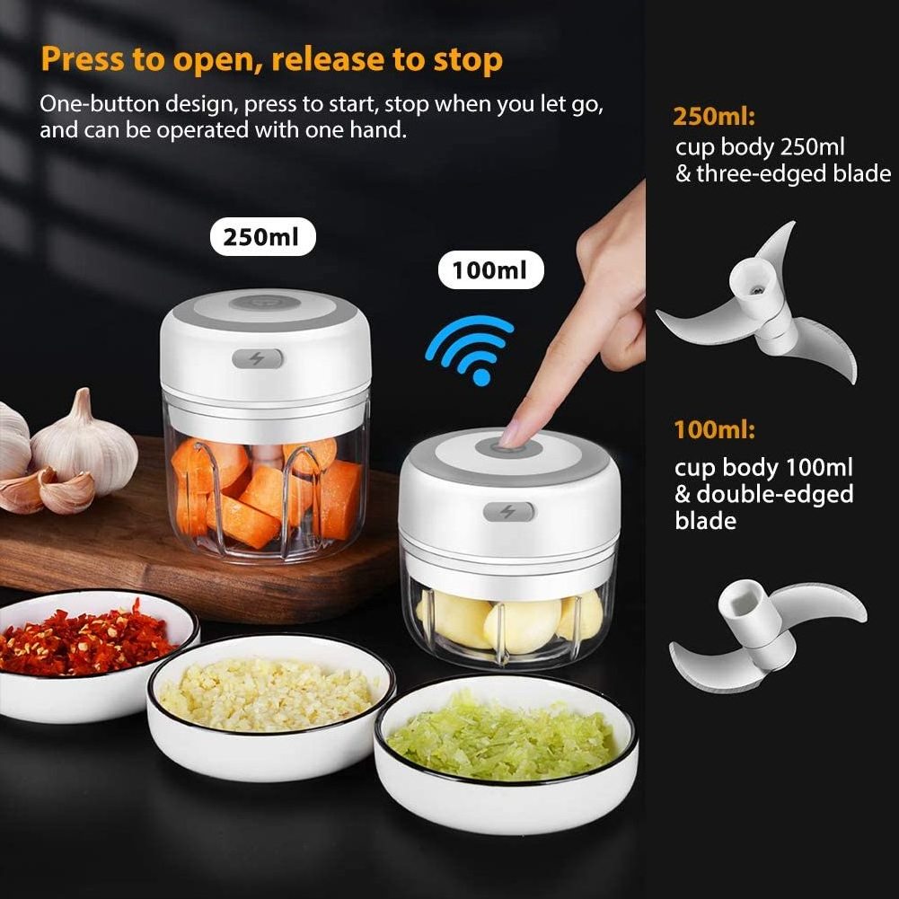 2 in 1 Kitchen 250ml & 100ml Spice Chopper Waterproof Portable Electric Garlic Grinder Vegetable Cutter Electric Garlic Cutter