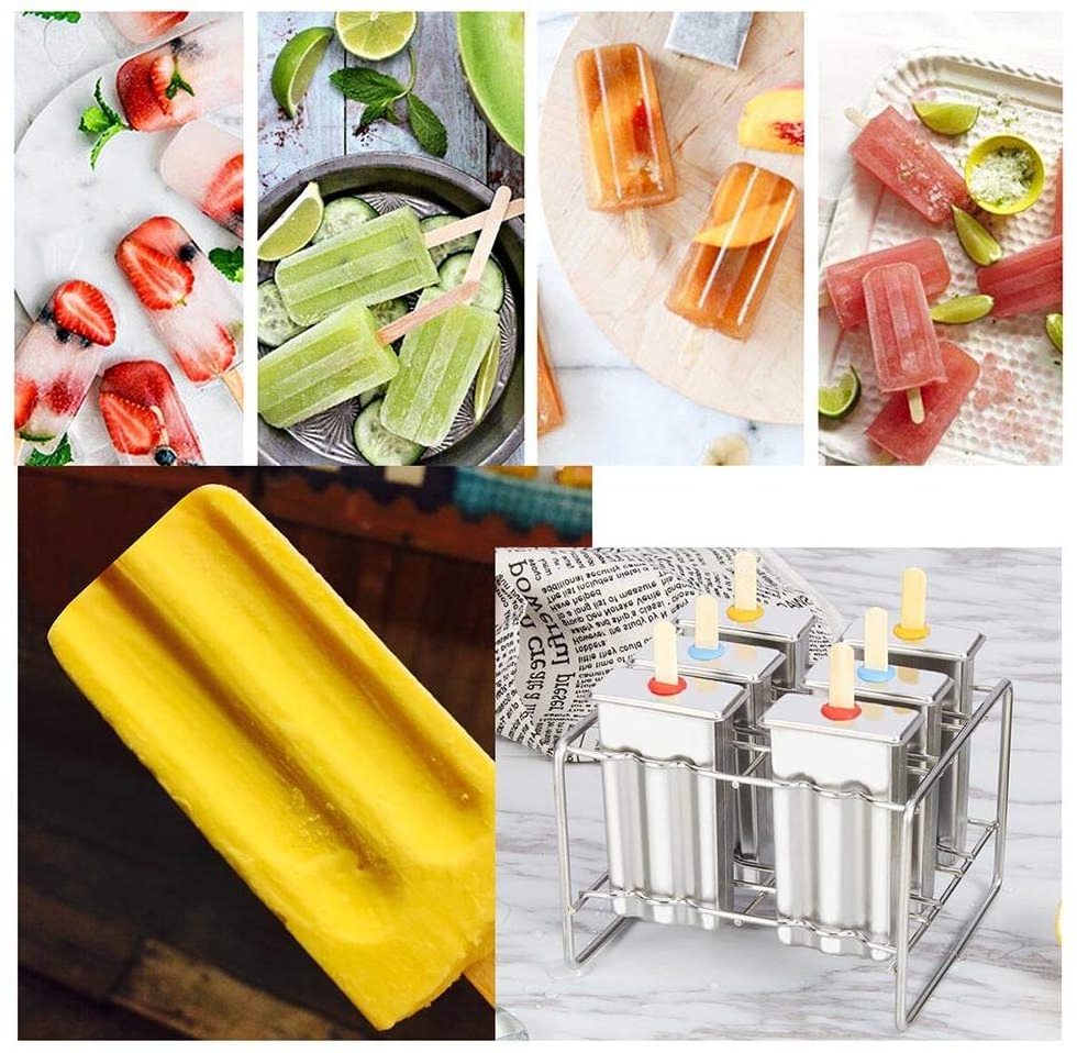 Set of 6 Stainless Steel Ice Cream Lolly Popsicle Molds Reusable Ice Cream Mould with Stick Holder Base DIY Ice Cream Makers