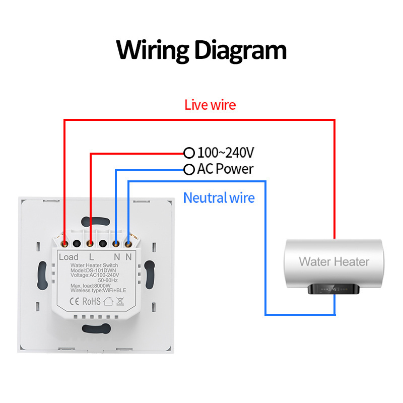 40A Tuya WiFi High-power AC/Water Heater Touch Smart Switch Remote Control Key Switch for Air Conditioner or Water Heater