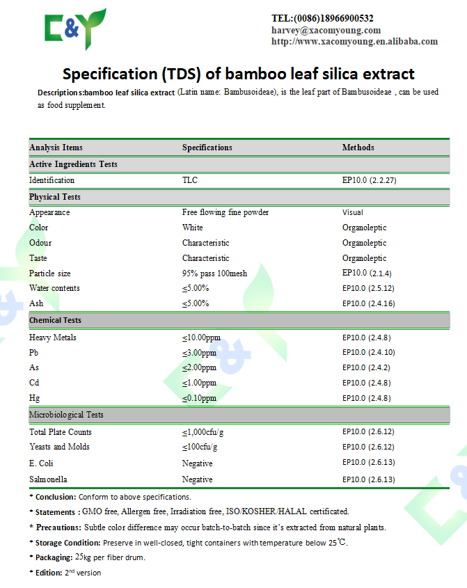 Manufacturers selling supplement 70% bamboo leaf silica extract powder bamboo leaf extract powder