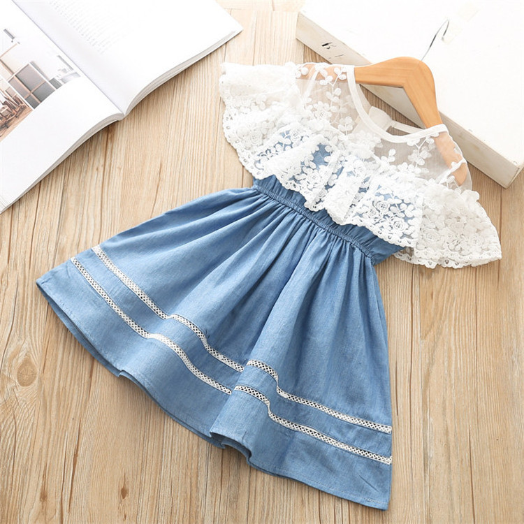 Summer Kids Dress Girls Party Dresses Short Sleeve Girl Clothing Lace Decoration Denim Dress Kids Wear Children Clothes