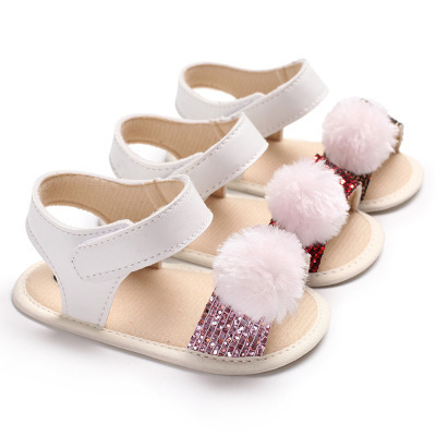 Hao Baby Summer New 0-1 Years Old Girl Infant Fur Ball Sandals Toddler Non-Slip Shoes