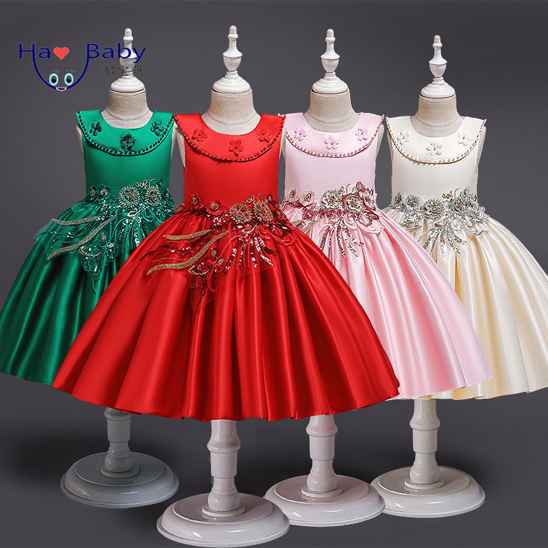 Hao Baby New little Girl Embroidered Gown Fresh Flower Princess Wedding Dress Bow party dress