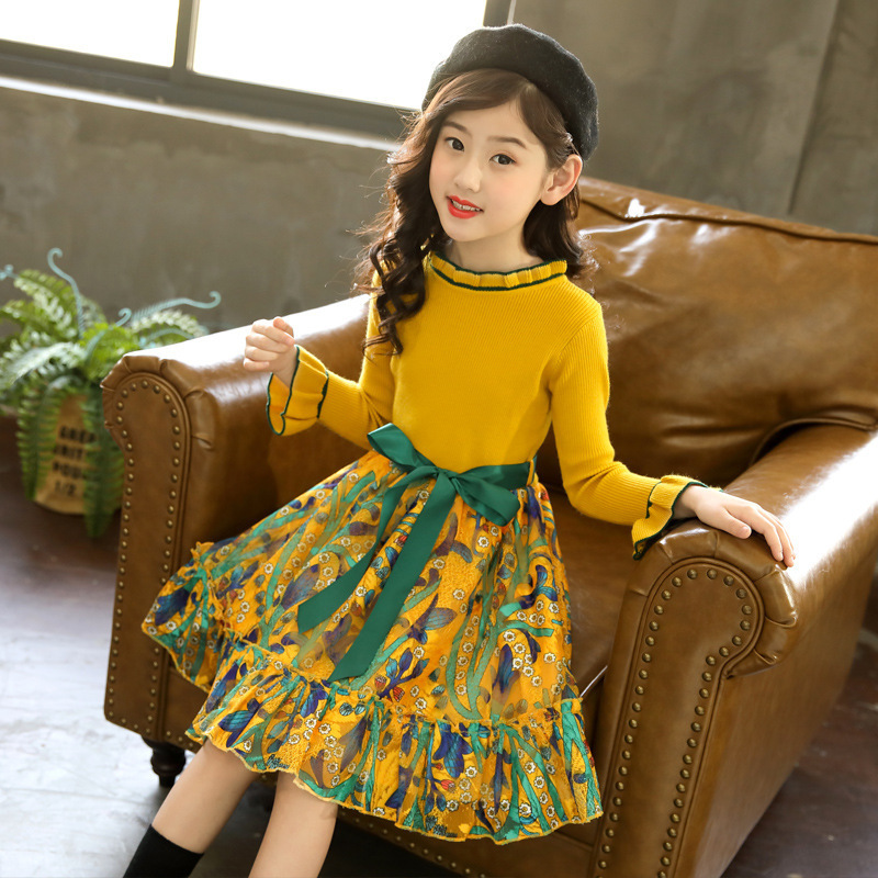 Hao Baby  Sweet Children Skirt Kid Girls Autumn Sweater Belt Dress